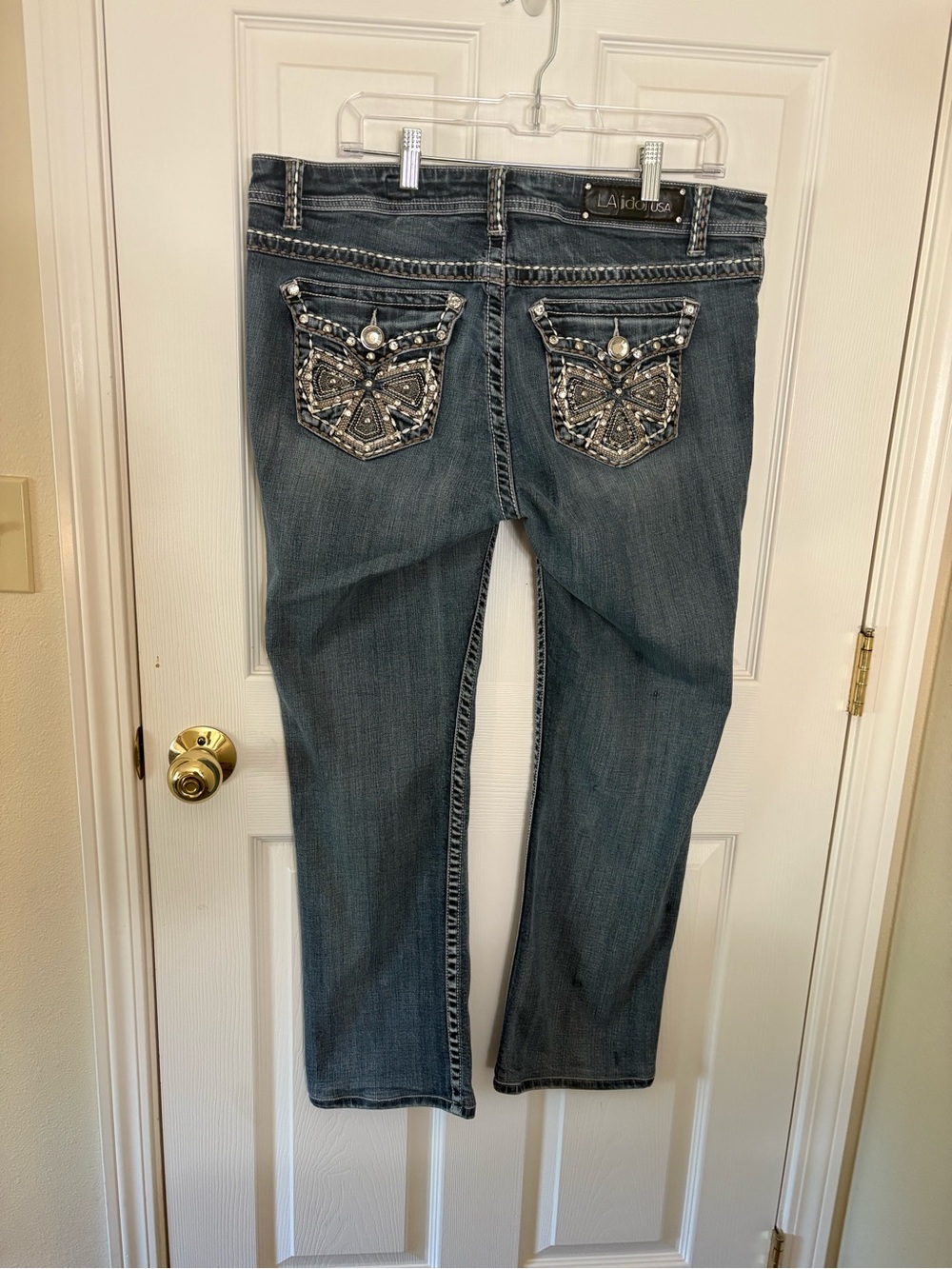 L.A. idol Embellished Medium Blue Boot Cut Jeans Jr size 15 waist 37 inseam 34